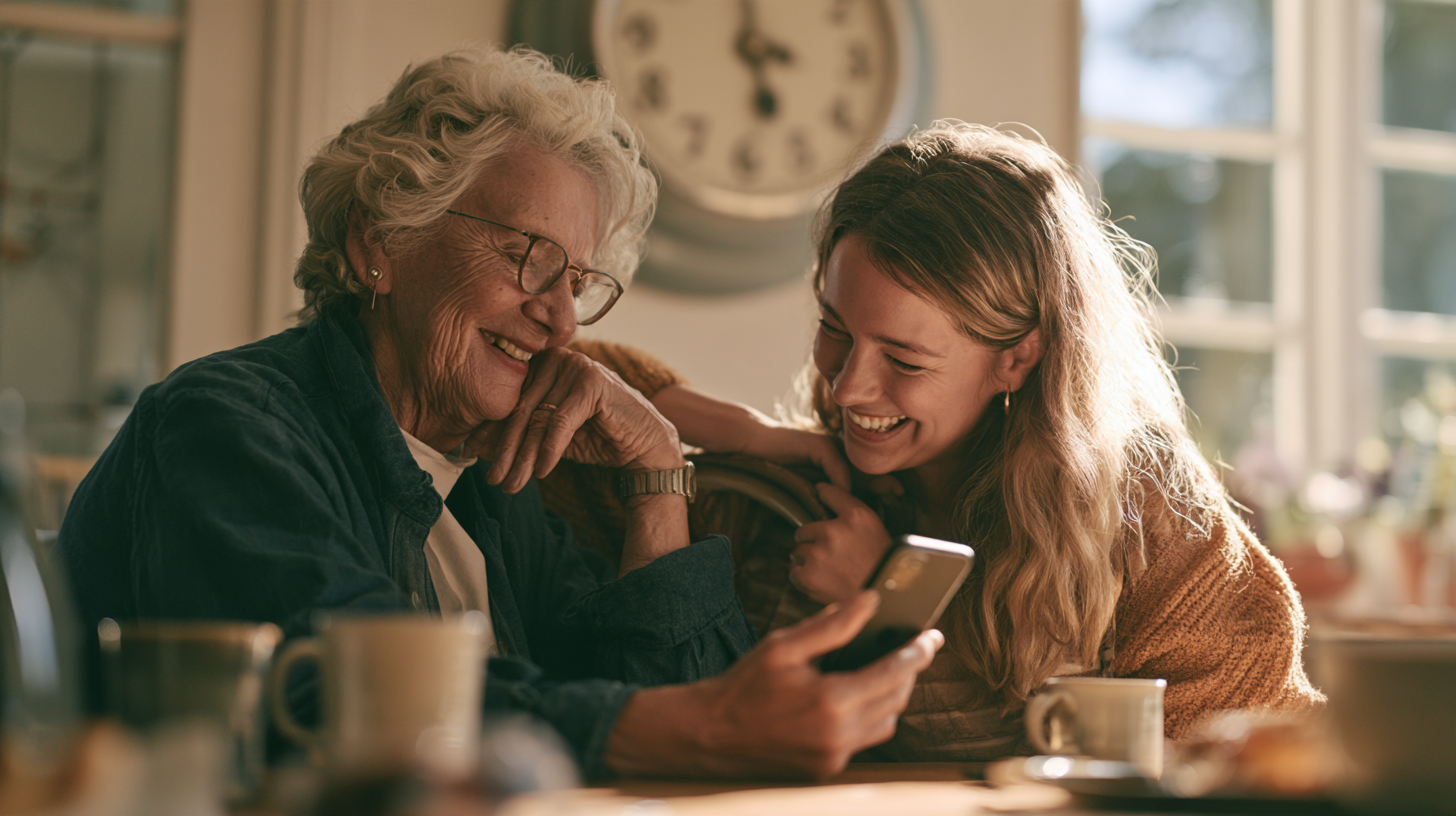 Older woman and her adult daughter sharing a moment in the kitchen as they look at a mobile phone