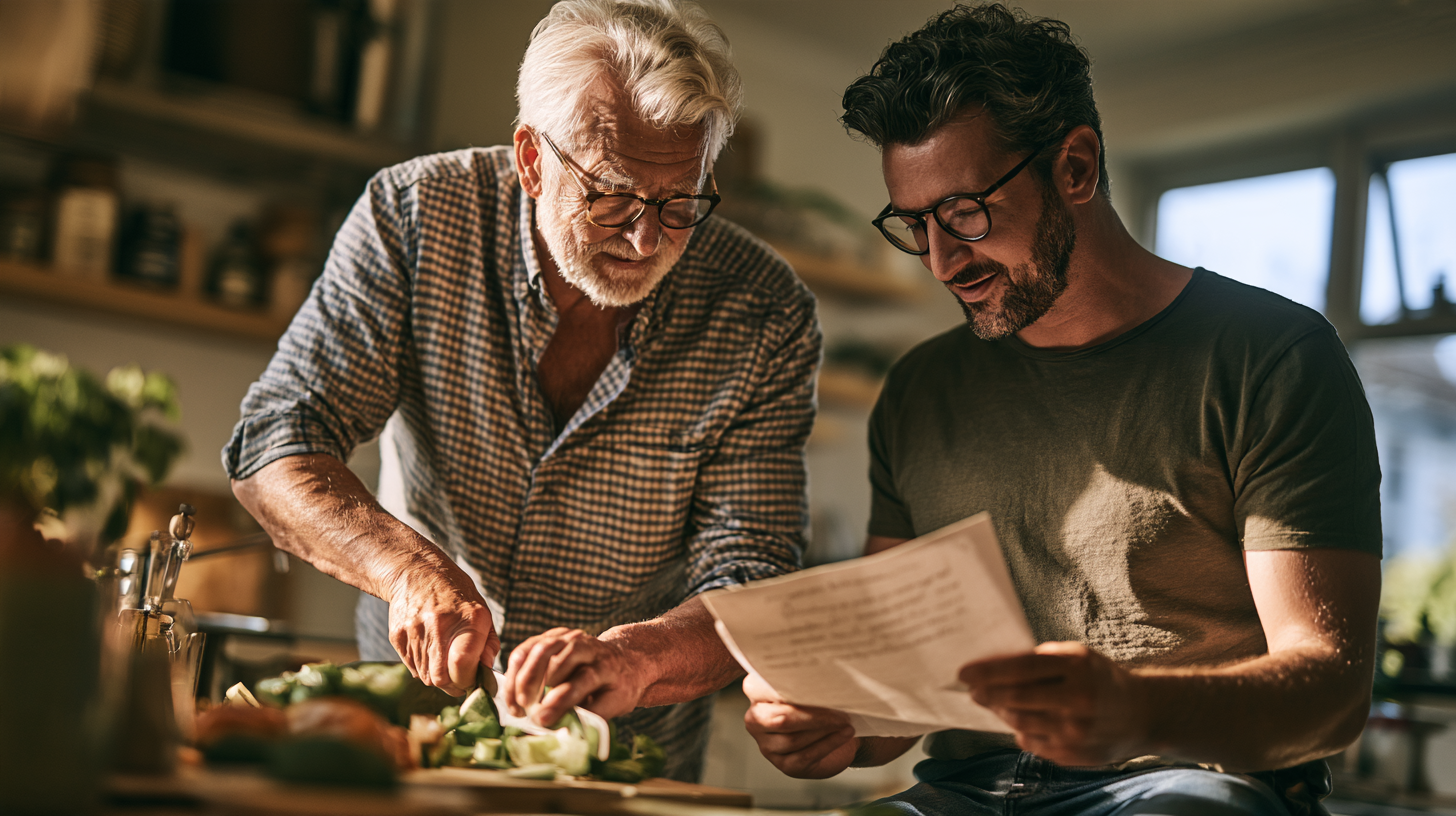 An older man and his adult son in the kitchen cooking and reading.