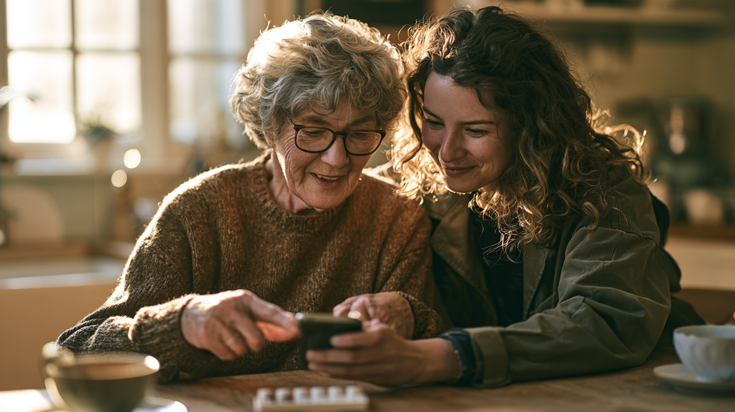An older woman sitting at a table with her adult daughter looking at a mobile phone