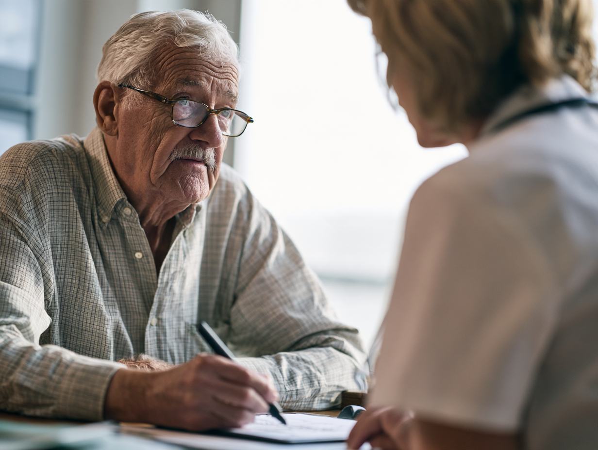 An older man sitting across from a clinician in a doctor's office