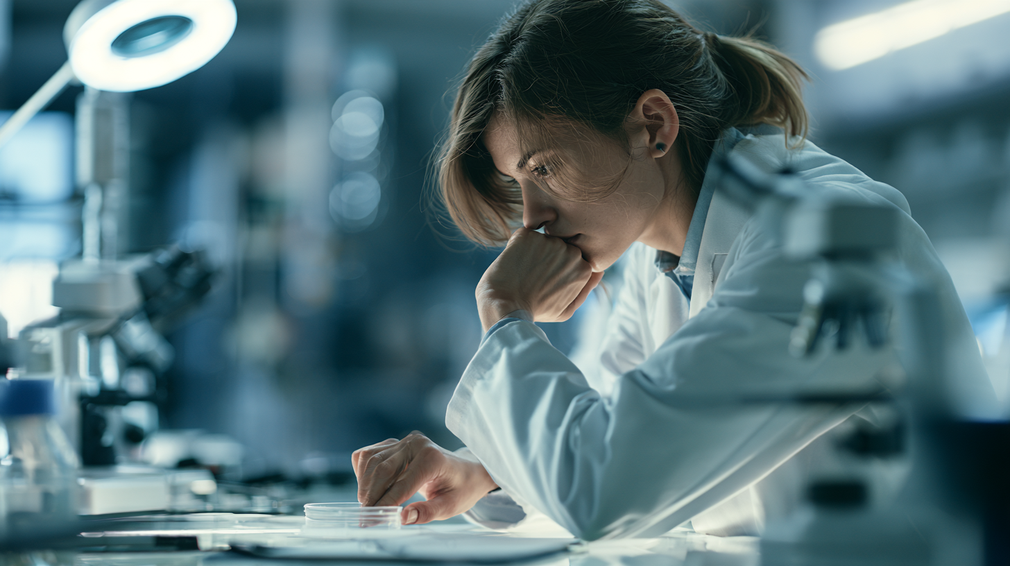A female scientist leaning over a petri dish in a lab