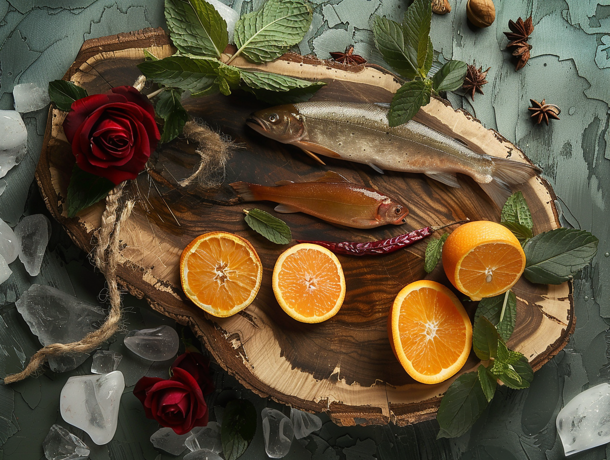 Arrangement of fish, herbs etc on a plate