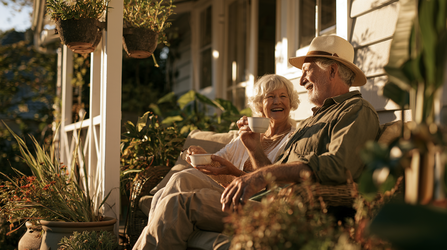 An older couple sitting on the front porch of their home, having a laugh.