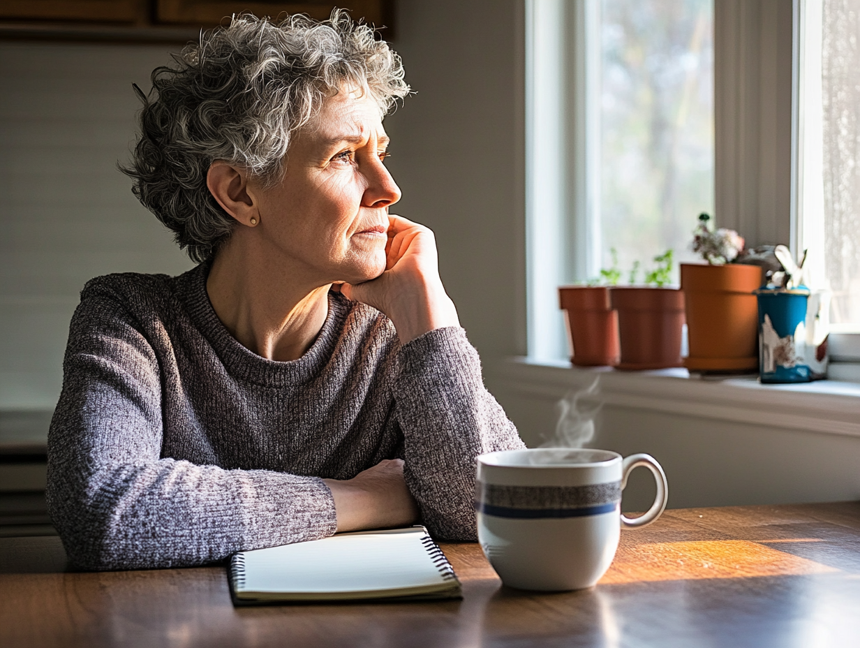 A woman sitting at her kitchen table, looking out of the window.