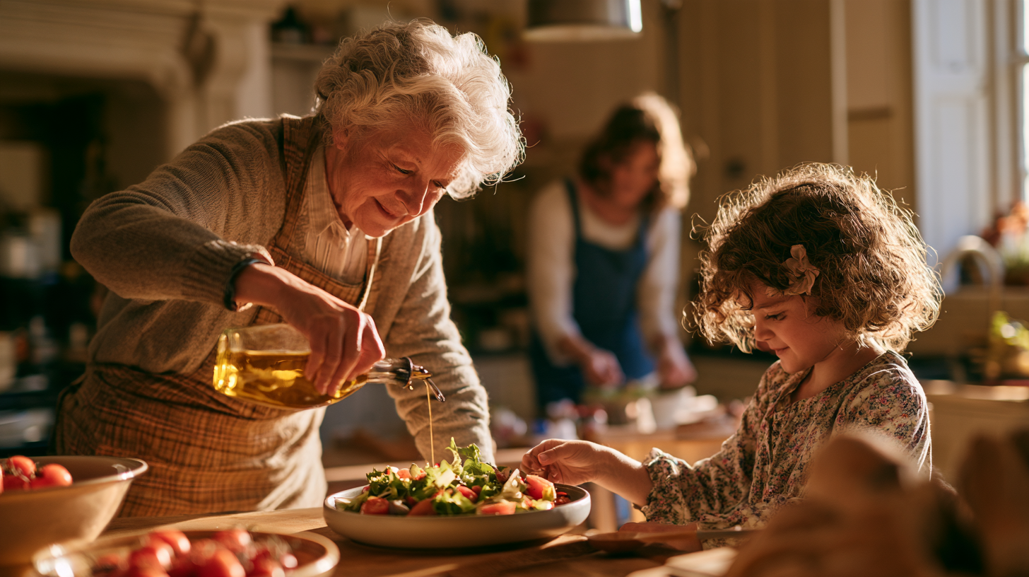 An older woman drizzling oil over a dish with the help of her granddaughter