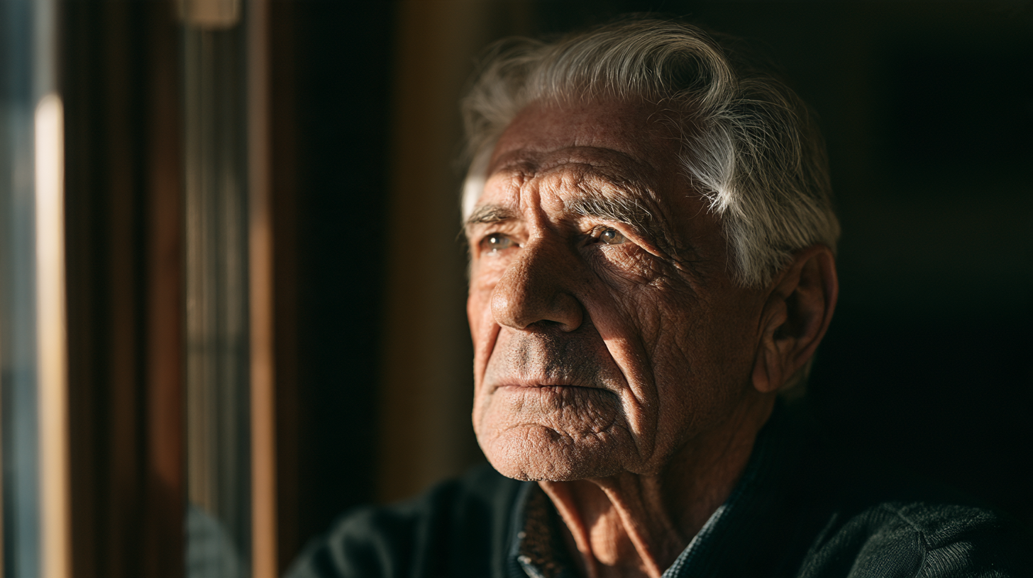 An older man looking contemplatively out the window
