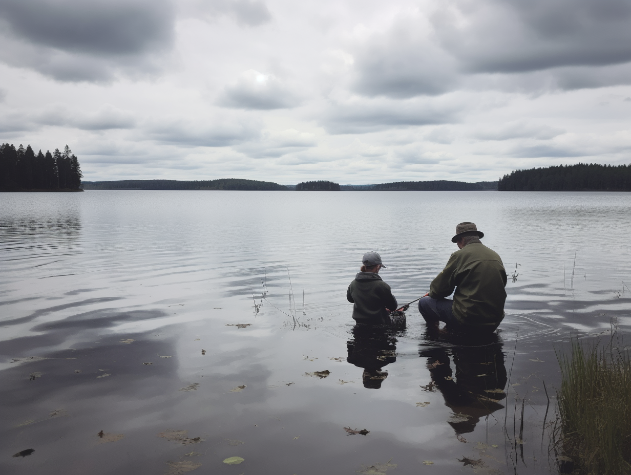 Grandfather and grandson fishing together