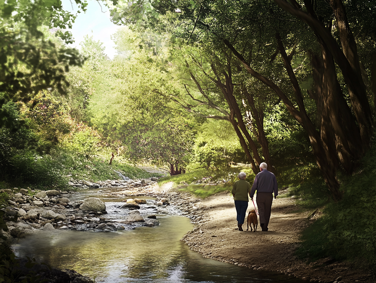 An older couple walking on a beautiful bush path