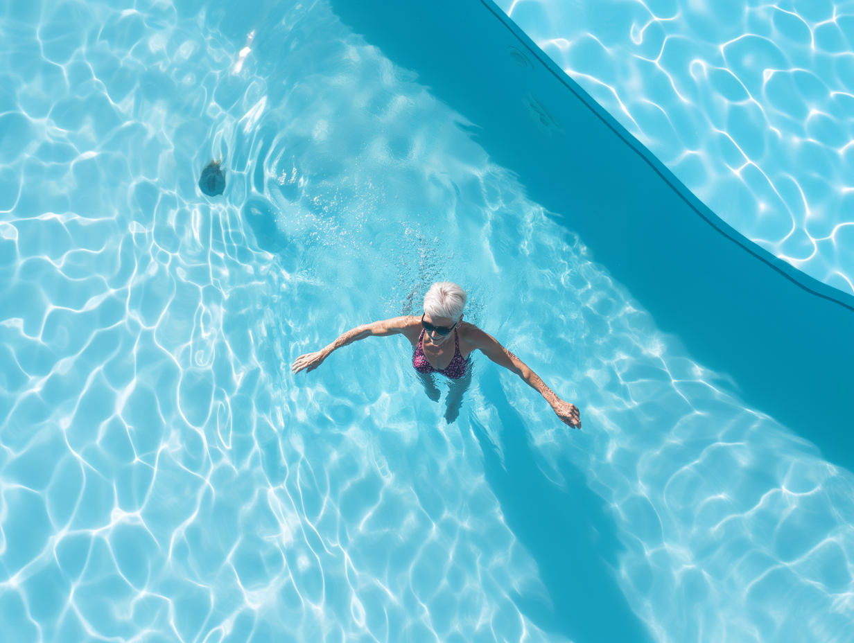 A birds-eye view of an older woman swimming in a pool