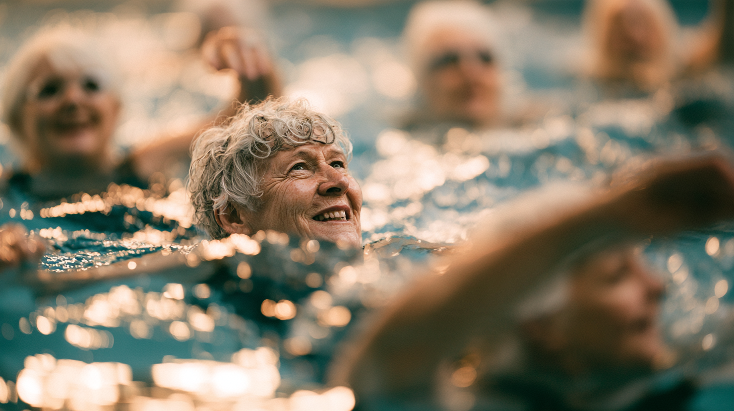 A group of older ladies swimming in a pool, enjoying themselves