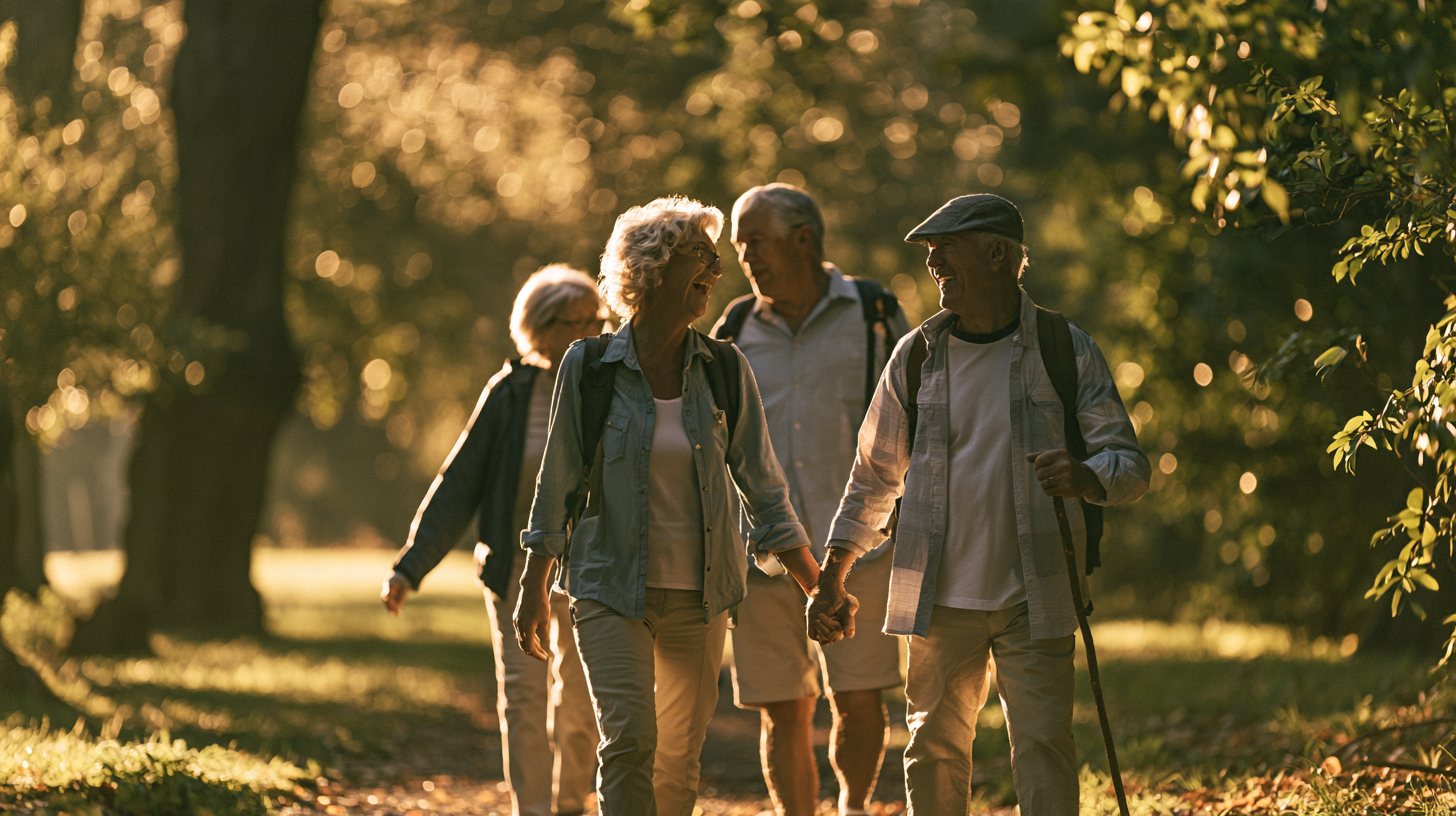 A group of older adults going for a hike in a beautiful woodland setting
