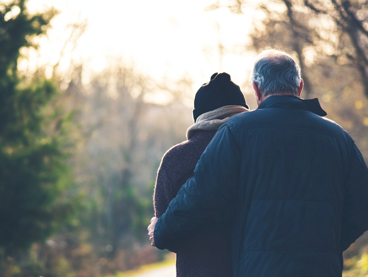 The. back of an older couple wearing big winter jackets as they walk away