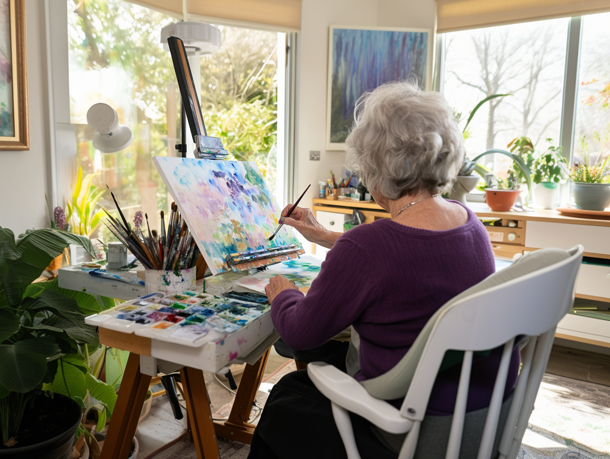 An older woman painting at an easel.
