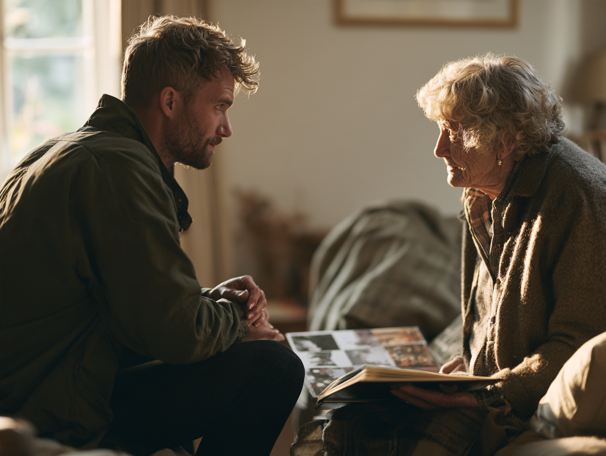 An adult son facing his mother as she sits on the sofa