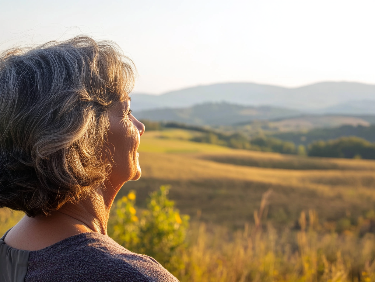 An older woman looking out over a beautiful field