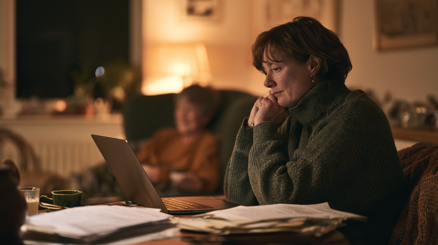 A middle-aged woman sat in front of a laptop with her elderly mother in the background