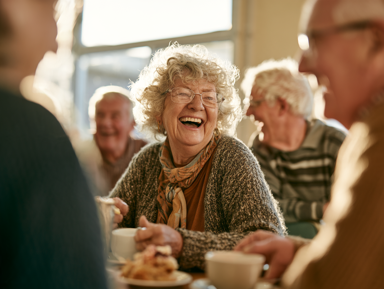 Group of older adults laughing together around a table at a community centre