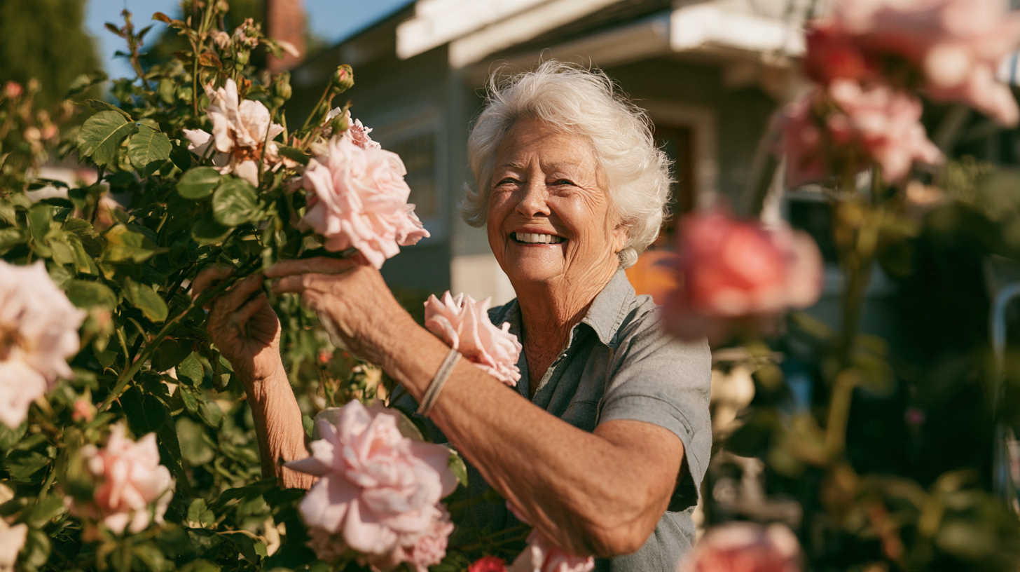 An older woman in her garden, tending to her roses