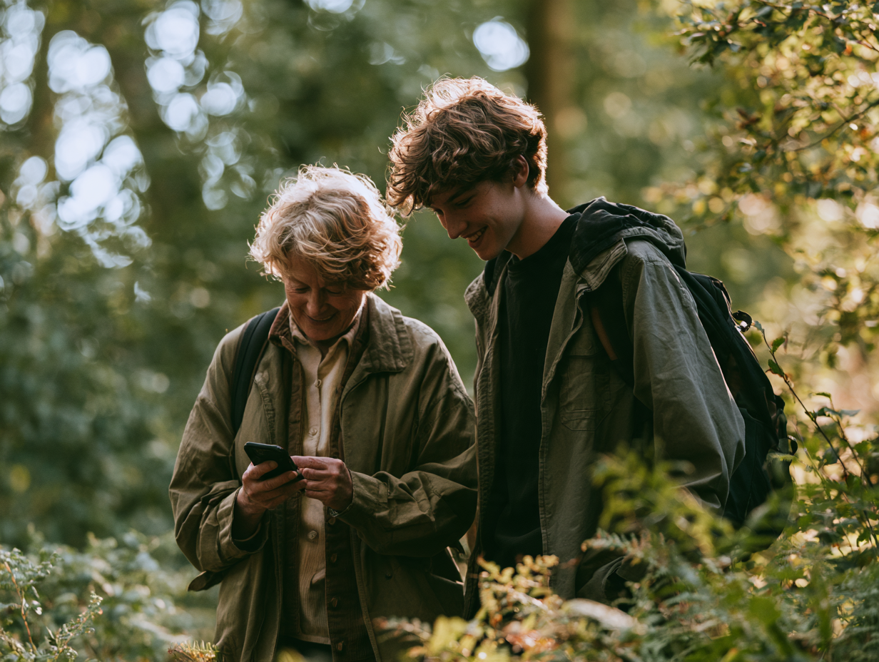 An older woman and her grandson walking together and smiling while she looks at her mobile phone