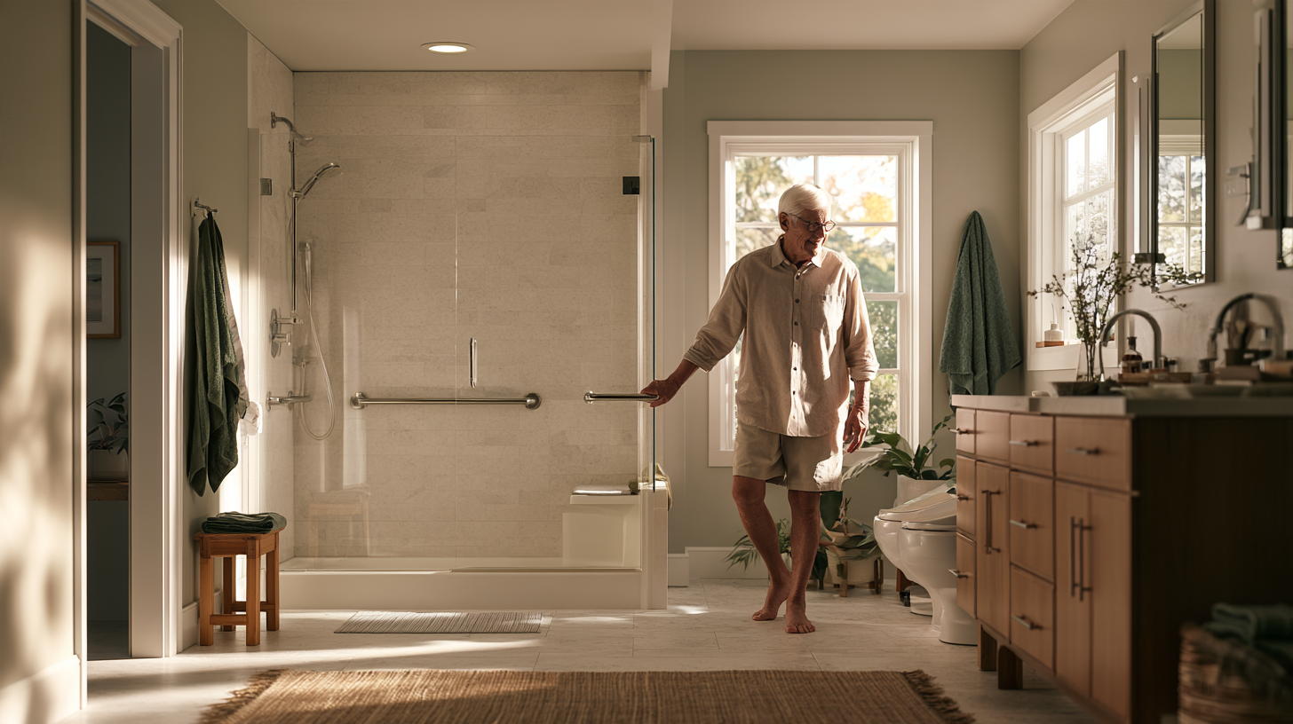 A bright, modern bathroom with a walk in shower and grab bars. An older man holds a grab bar