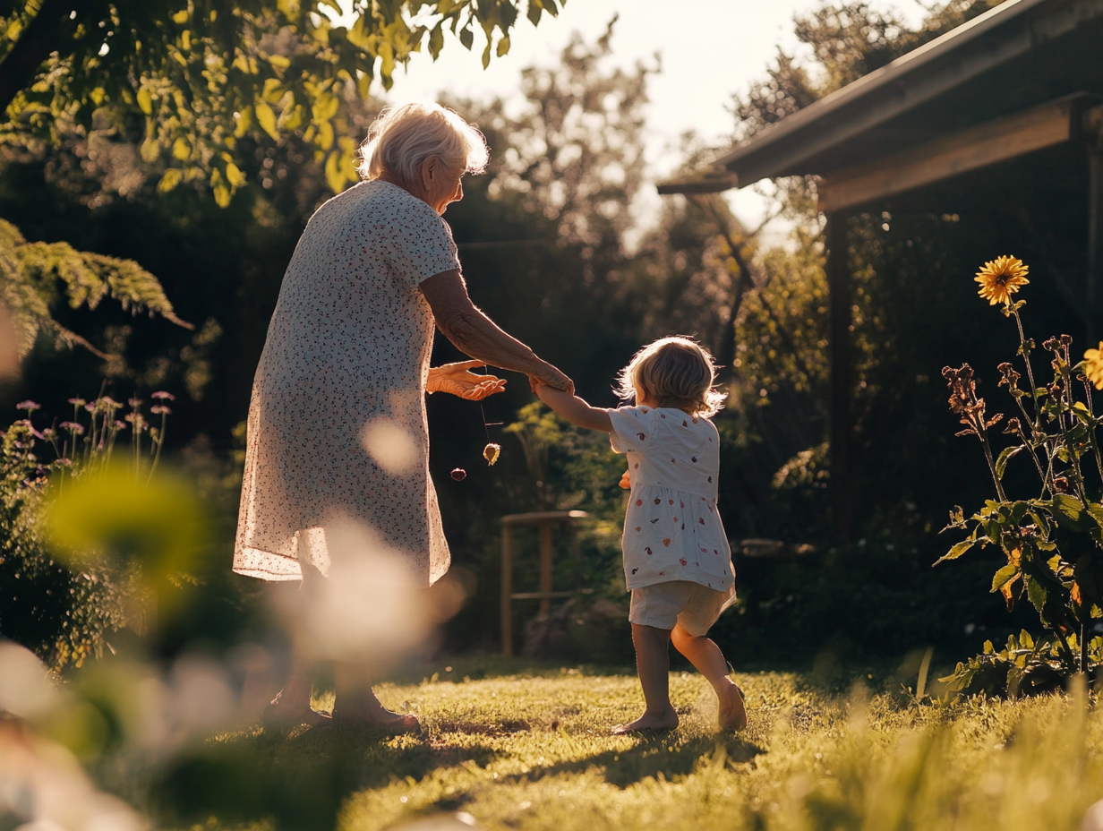 A grandmother and granddaughter dancing and playing in the garden