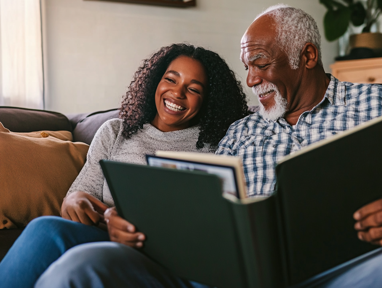 An adult daughter and her father chatting on the sofa while looking at a photo album