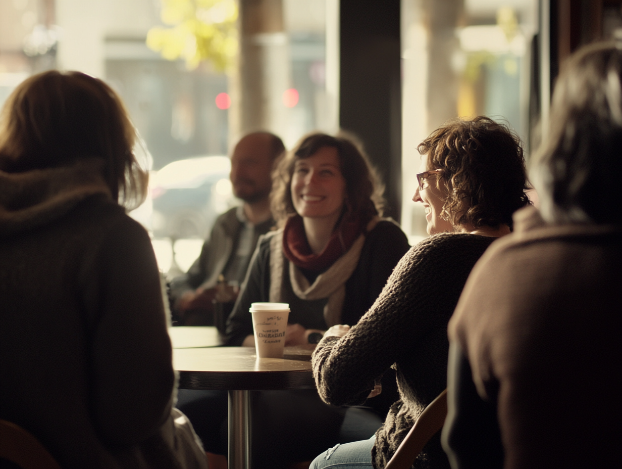 A group of caregivers sitting at a table and chatting in a cafe