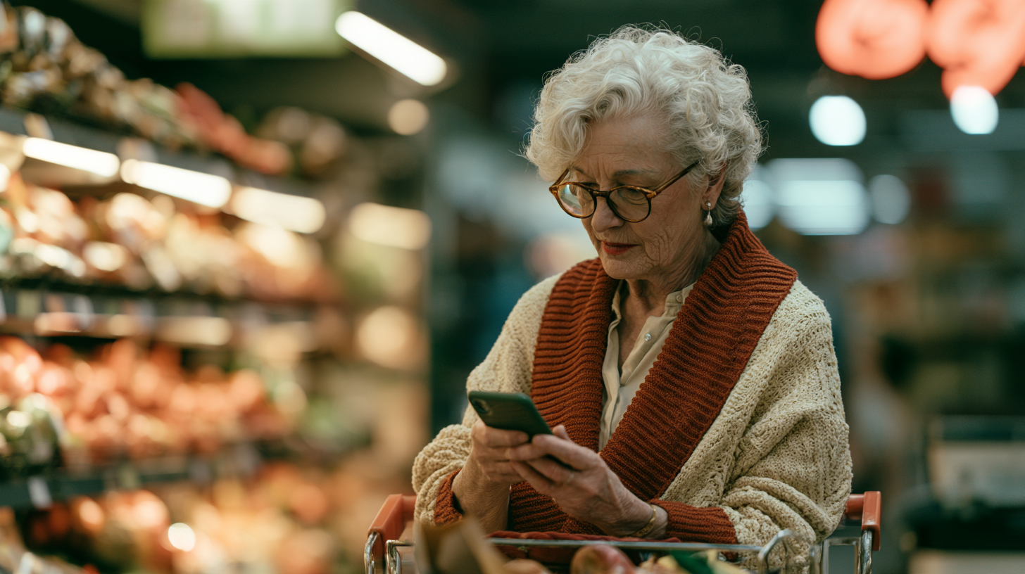 An older woman shopping at the supermarket, holding a mobile phone