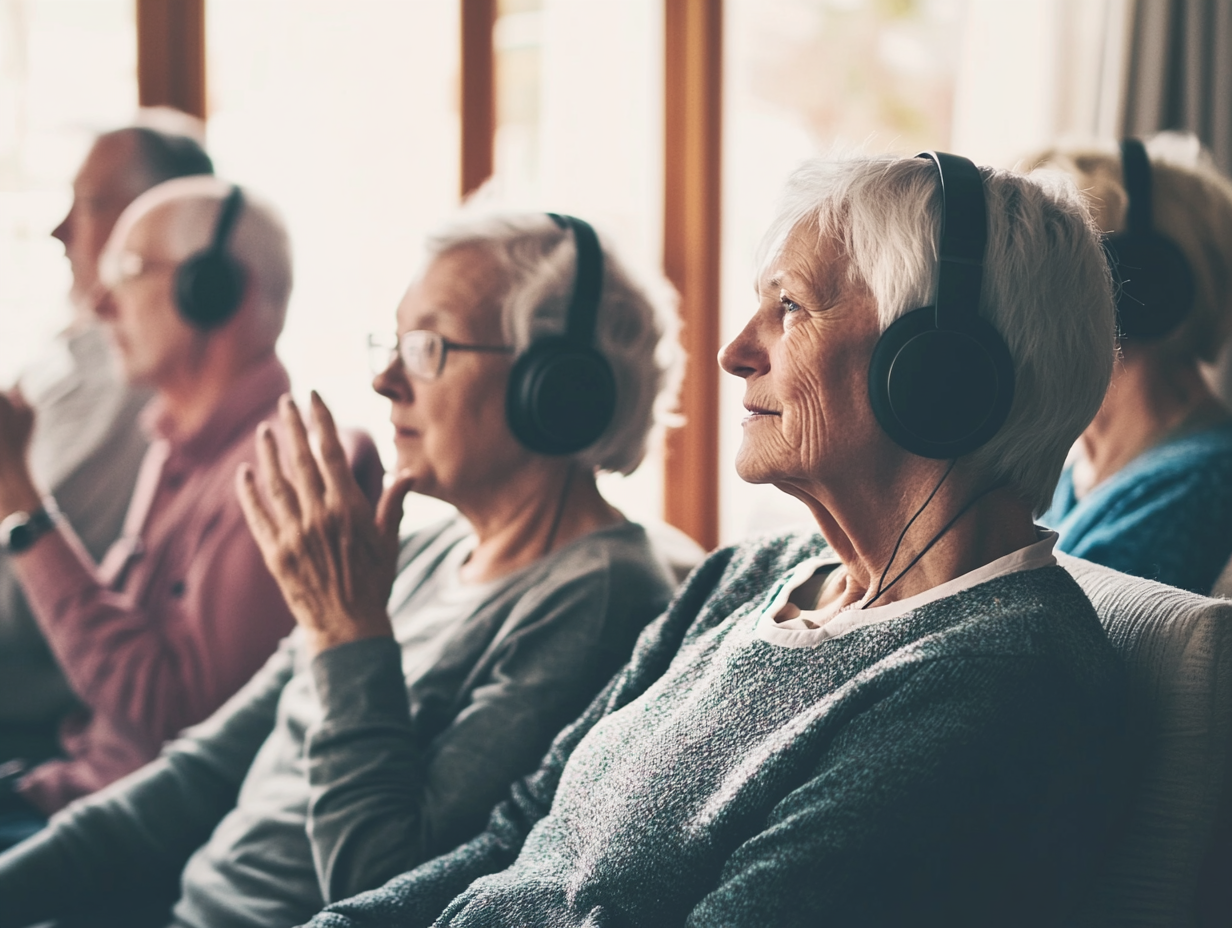 A group of women listening to music together - wearing headphones