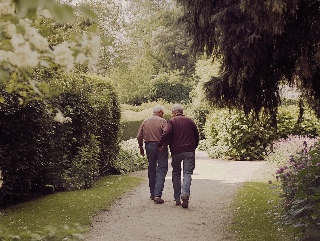Father and son walking together in a garden