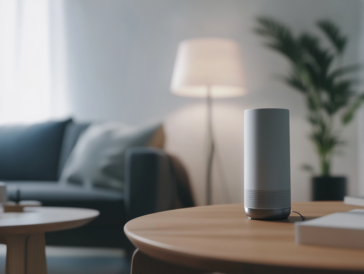 A smart speaker on a table in a lounge