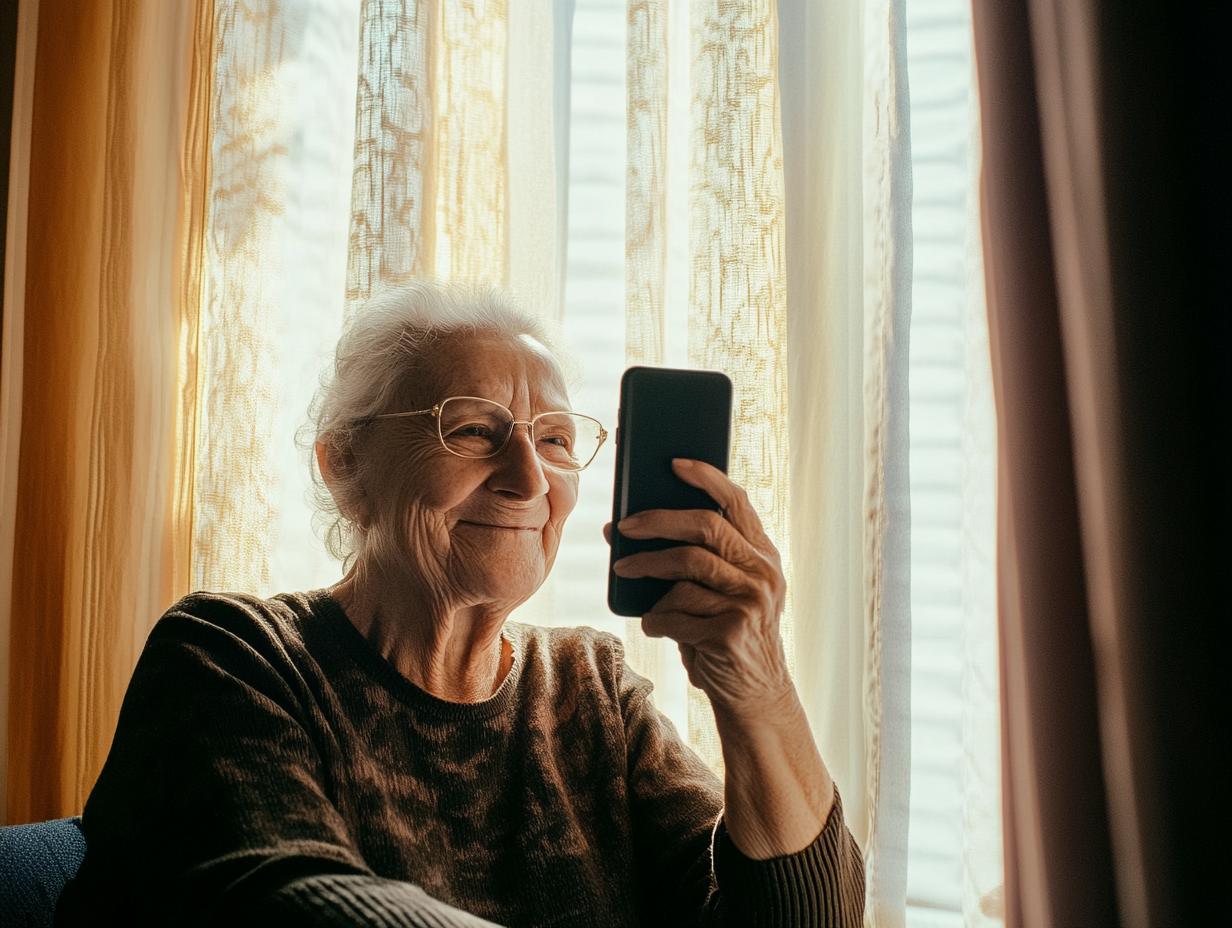 An older woman smiling while she uses a smartphone