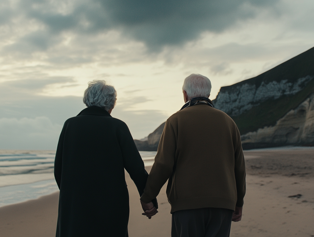 An older couple walking along a beach together
