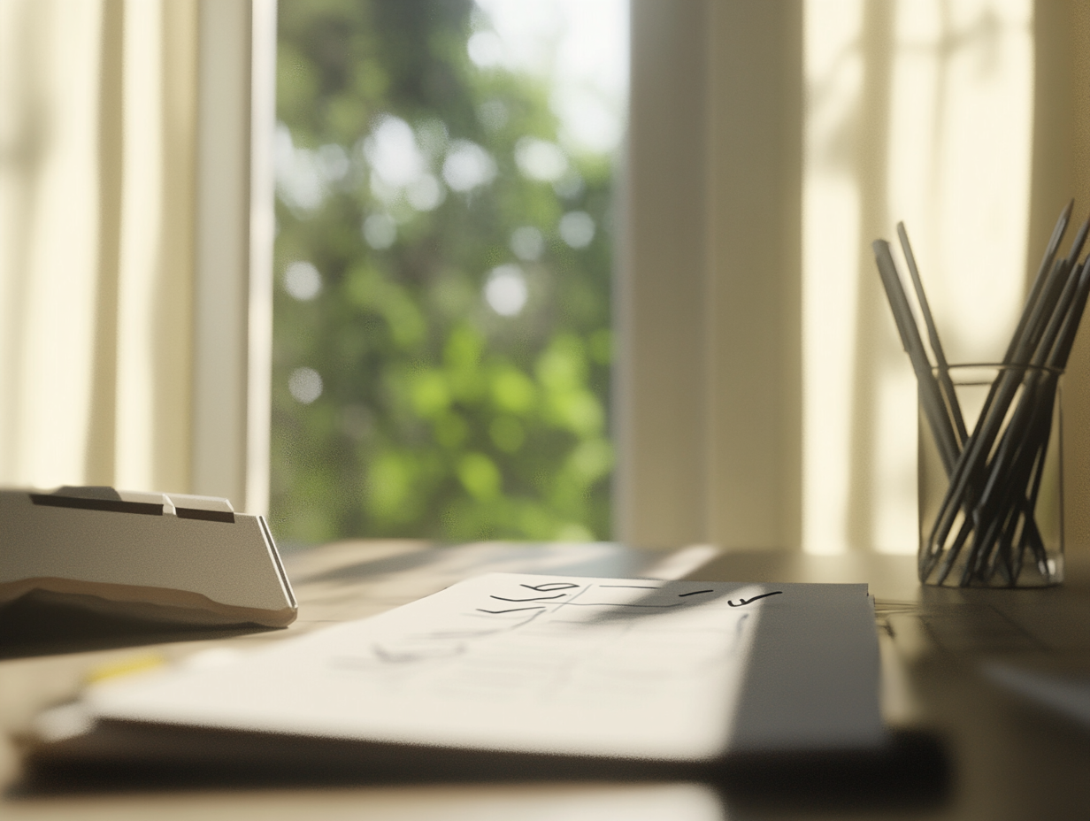 Stationary on a desk beside a window