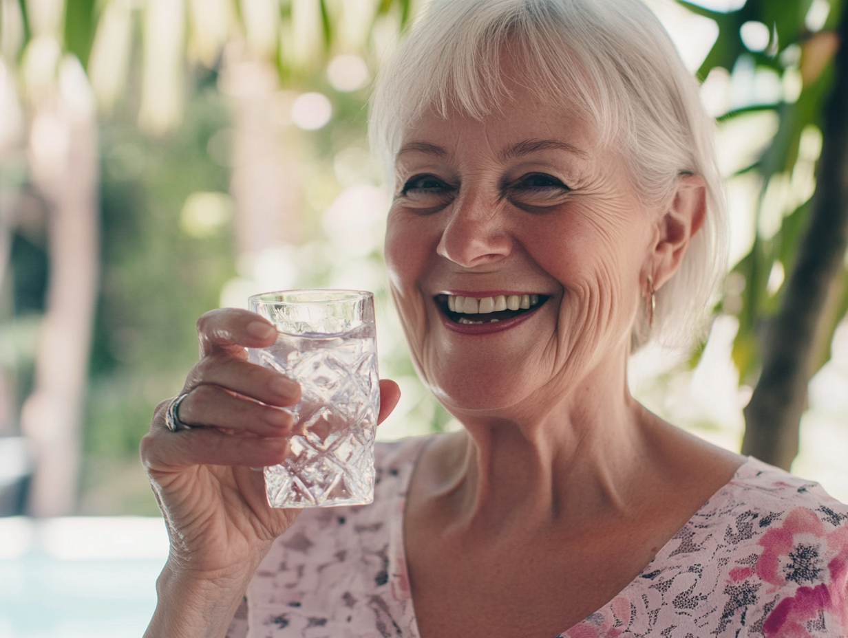 An older woman, happily drinking water