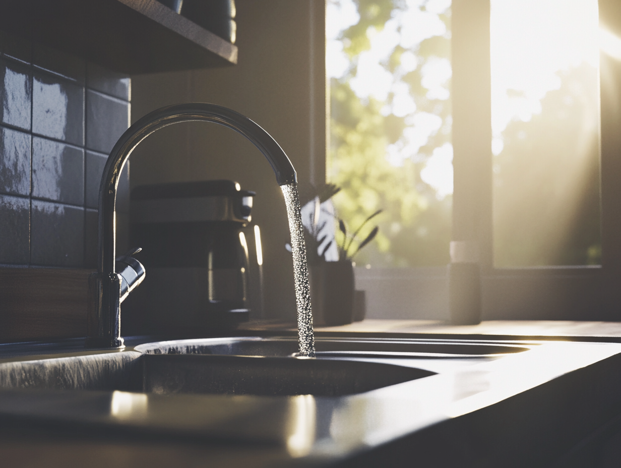 A tap faucet running in a sink