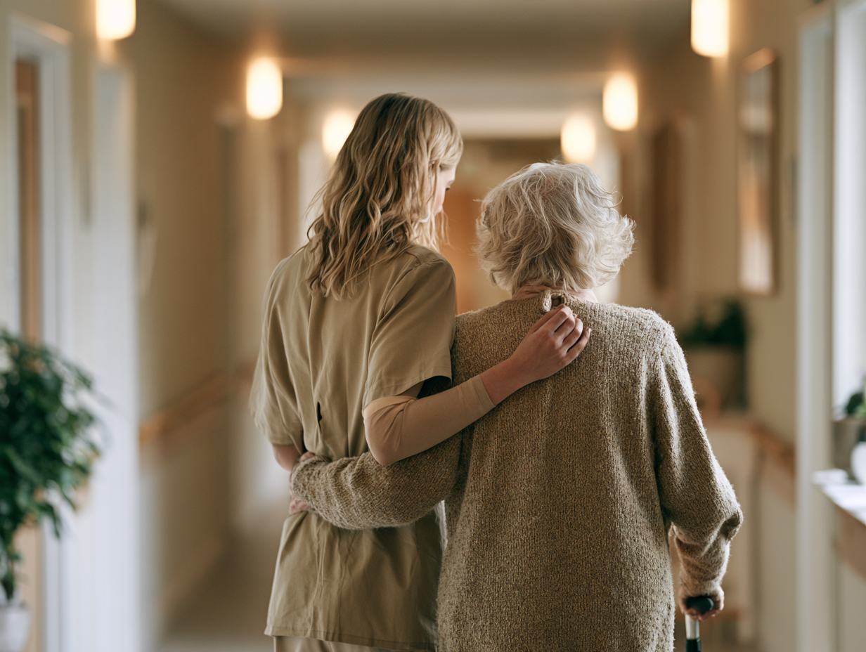 A woman walking with an elderly woman in a care home