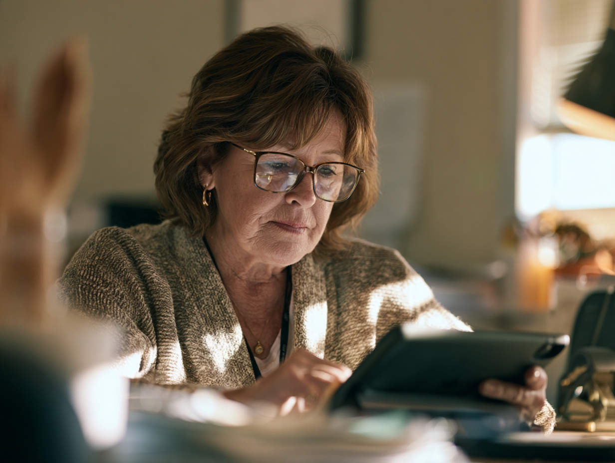 A woman with glasses reading from a tablet in an office - Using Elli Cares digital support
