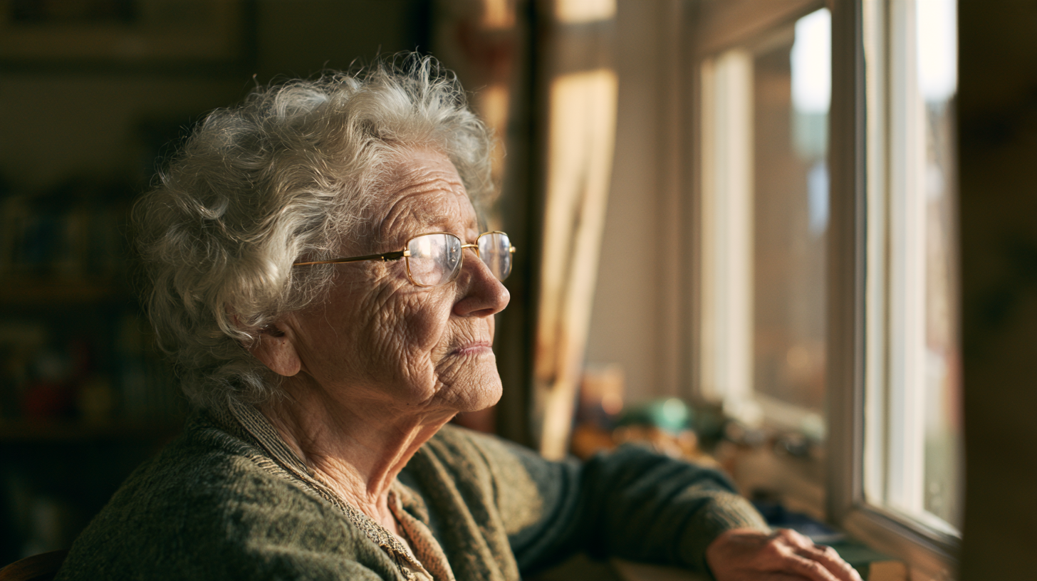 An elderly woman looking at the window