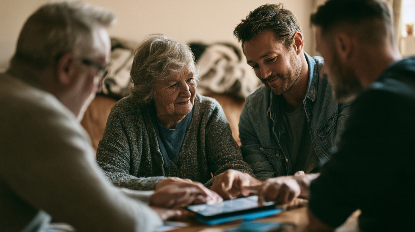 An older woman surrounded by her family at a dining room table