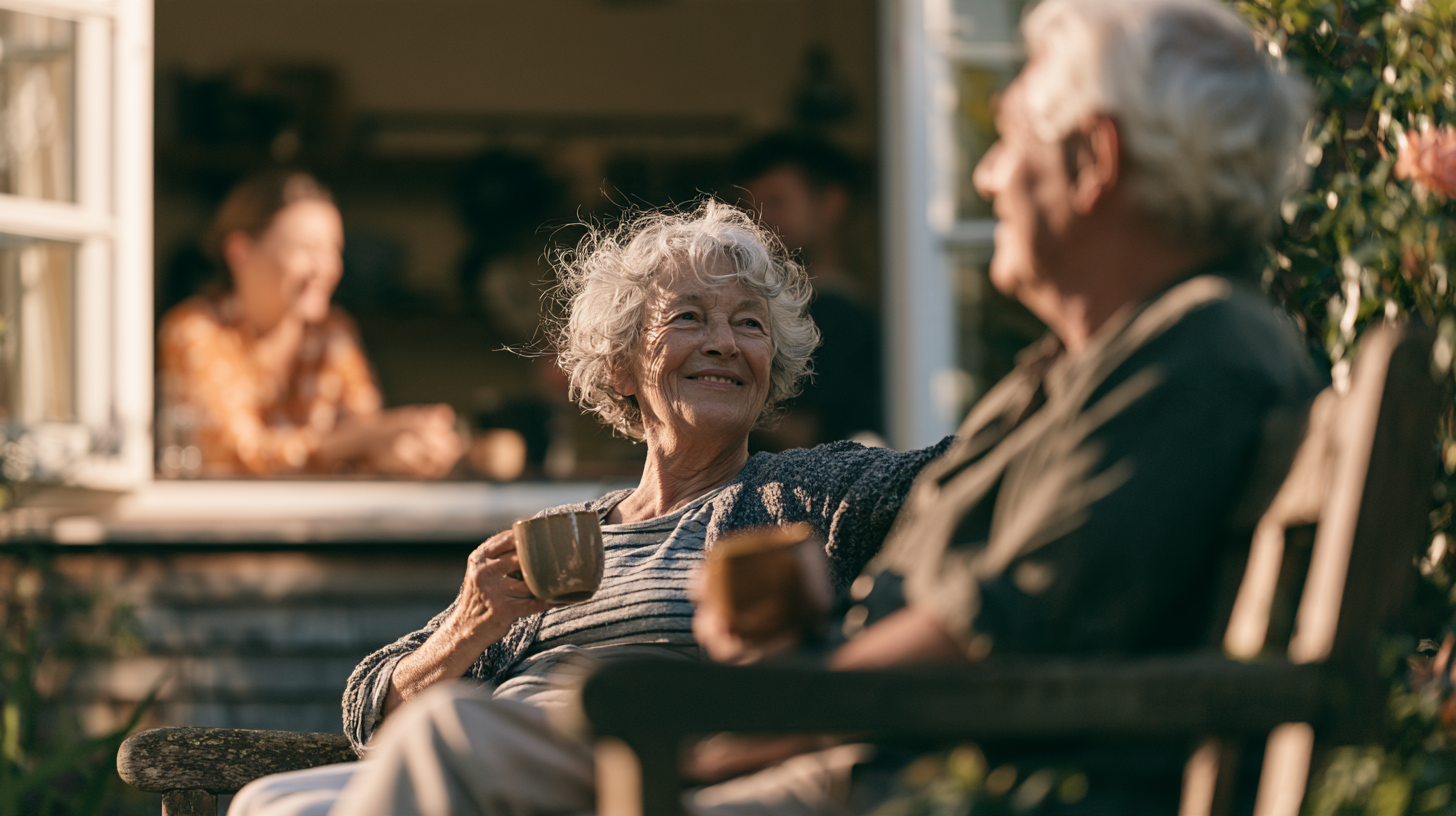 An older woman having a cup of tea outside with a friend