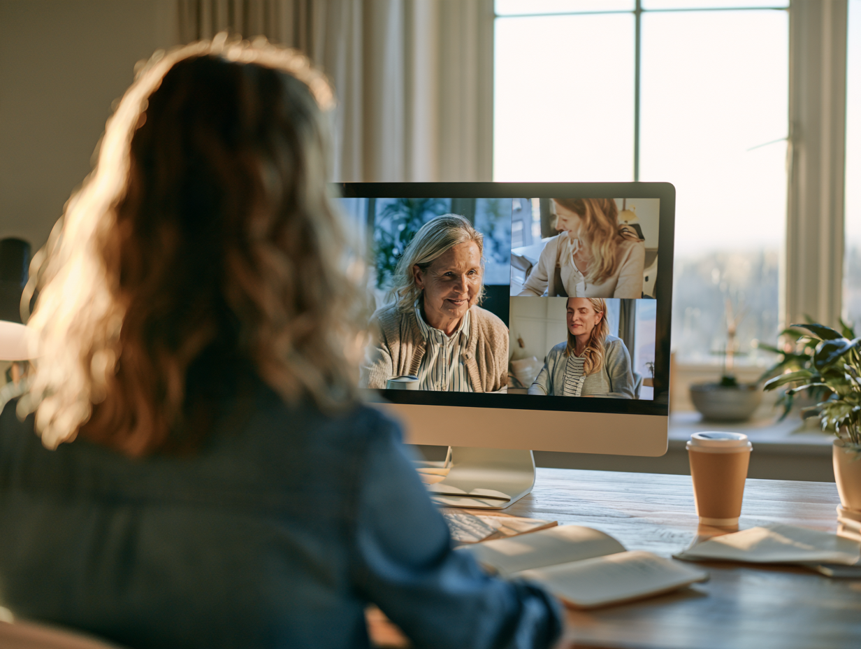 A care navigator on a group call with a client and her family