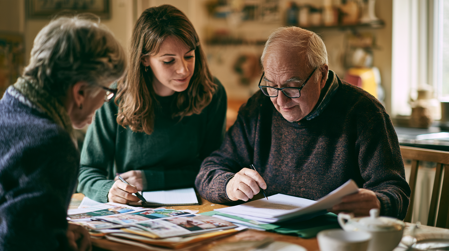 A social working sitting with an older man at his dining table workign through paperwork