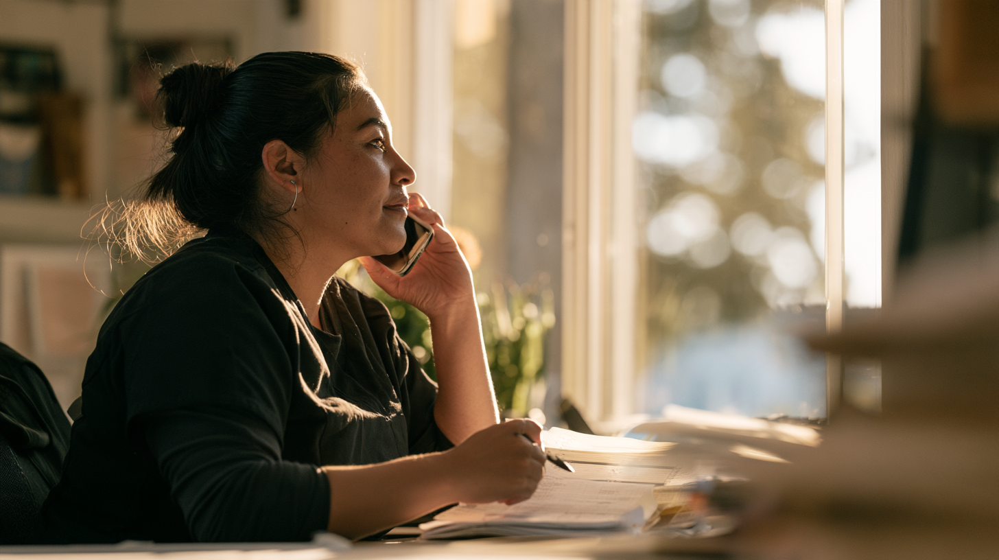A woman at her desk speaking on her mobile phone