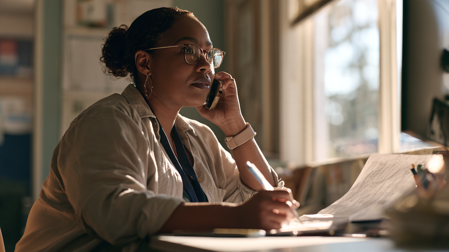 A care navigator speaking on her mobile phone, sitting at her desk