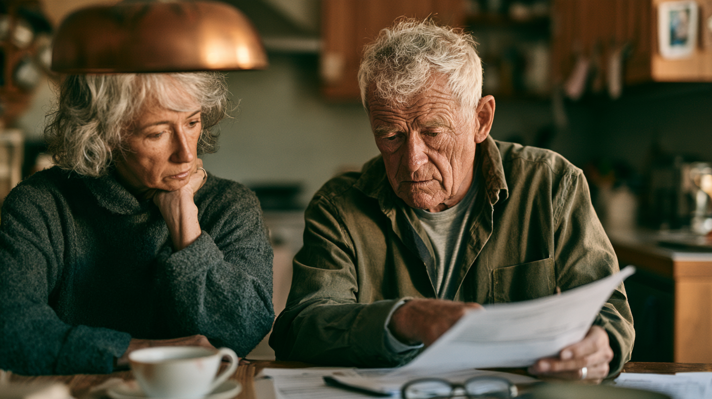 An older couple sitting together at the kitchen table reviewing medical bills.