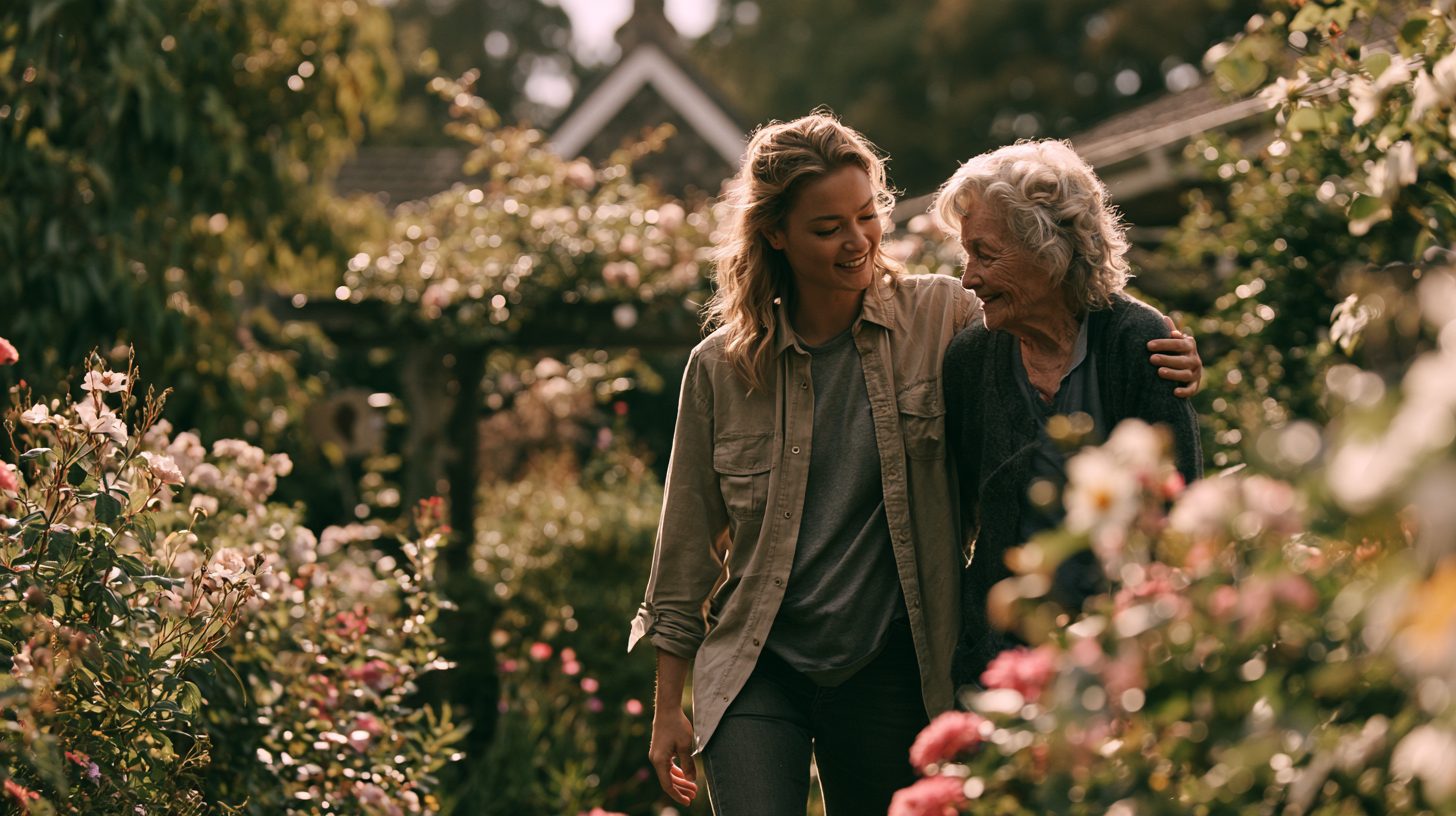 A woman walking in a garden with her arm wrapped around an older woman