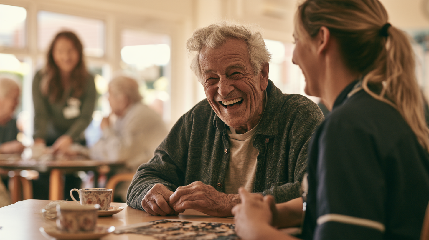 An older man laughing, sat at a table with a younger woman.
