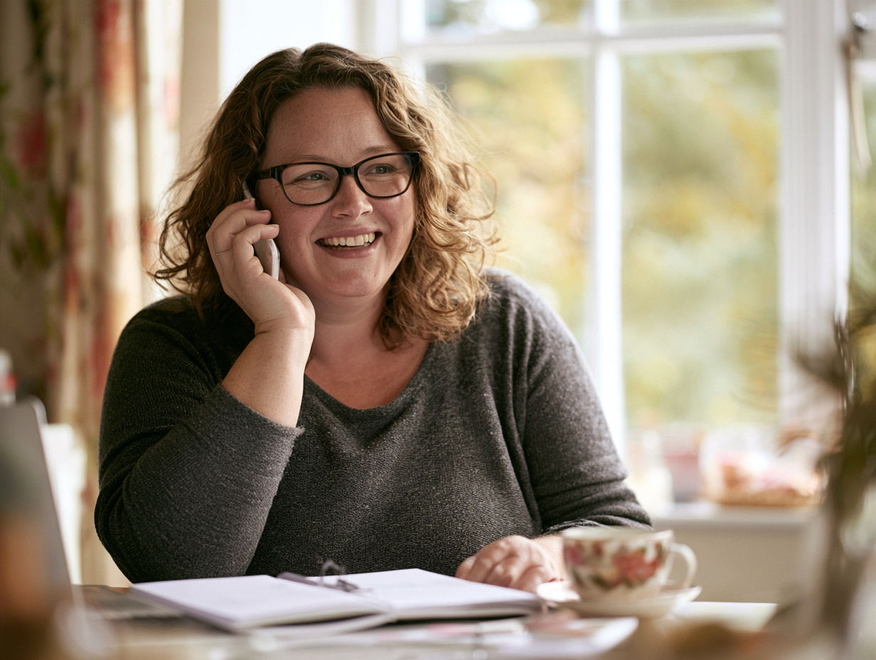 A caregiver smiling while speaking on her mobile phone