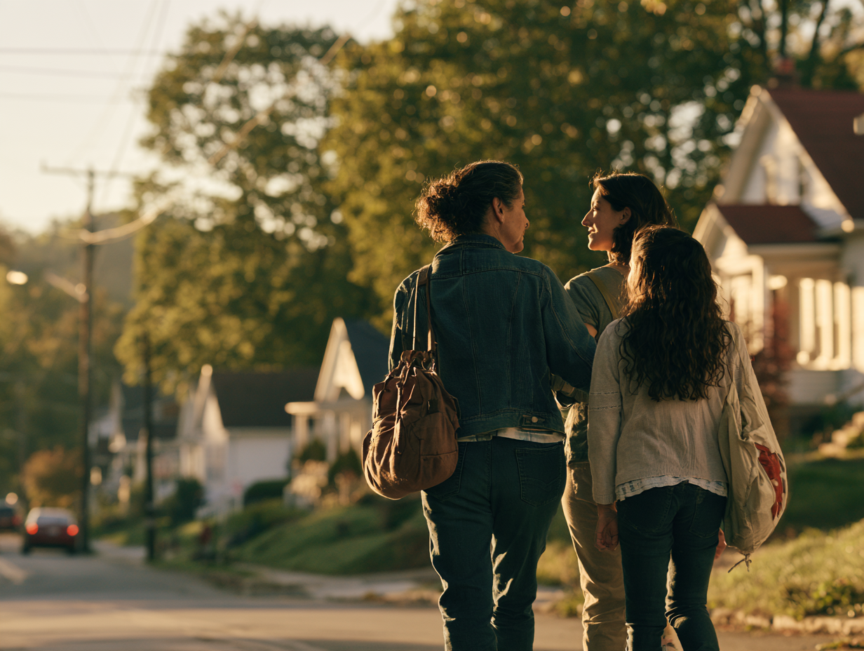 Two woman and a young girl walk up a tree-lined street together